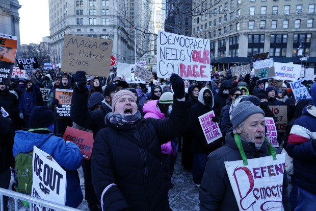 Anti-ICE protesters are pictured at Foley Square in Manhattan, New York, on Friday, Jan. 30, 2026. (Barry Williams / New York Daily News)