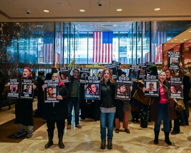 The protesters from Rise and Resist called out the names of 45 people they said have died as a result of ICE's immigration enforcement crackdown. (Gabrielle Holterman)