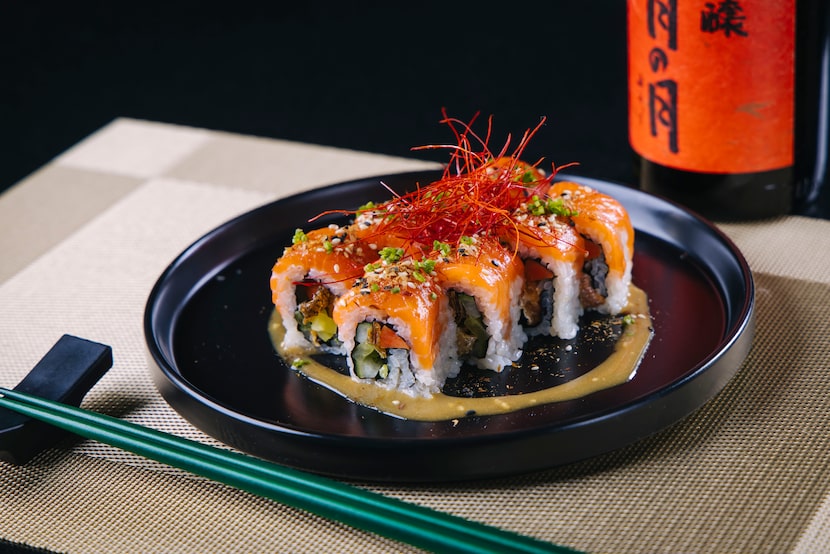Here's the Cowboy Kill sushi roll at Nikuya, a rooftop bar in Fort Worth. It has salmon,...
