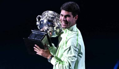 Carlos Alcaraz celebrates his first Australian Open victory.