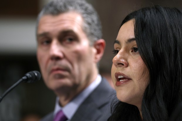 Marimar Martinez speaks during a public forum on violent use of force by Department of Homeland Security agents, at the Dirksen Senate Office Building on Capitol Hill on Feb. 3, 2026, in Washington. (Win McNamee/Getty)