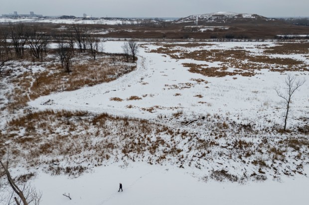Paul Botts, president and executive director of the Wetland Initiative, walks across the ice on Feb. 2, 2026, at Indian Ridge Marsh Park on Chicago's Far South Side. The wetlands, frozen in the winter, have been restored in recent years from past industrial use and are open to the public via walking trails. Indian Ridge Marsh is public land so it is not at risk of being developed. But it is the kind of wetland that is no longer protected by federal regulations. (Brian Cassella/Chicago Tribune)