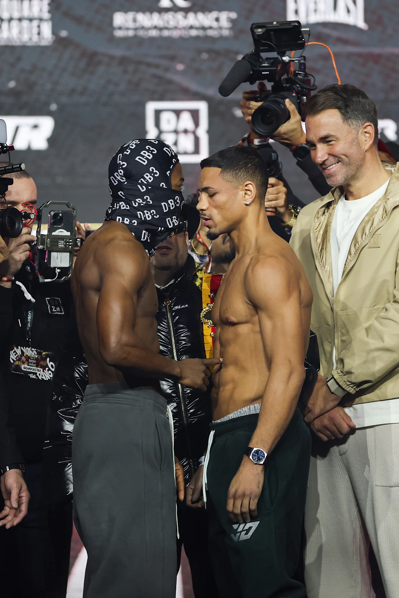 NEW YORK, NEW YORK - JANUARY 30: Keyshawn Davis and Jamaine Ortiz face off during the Ring 6 weigh in at The Theater at Madison Square Garden on January 30, 2026 in New York City. (Photo by Ishika Samant/Getty Images)