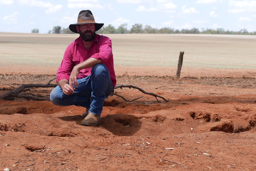 Farmer Peter O'Brien kneeling near the rabbit warrens