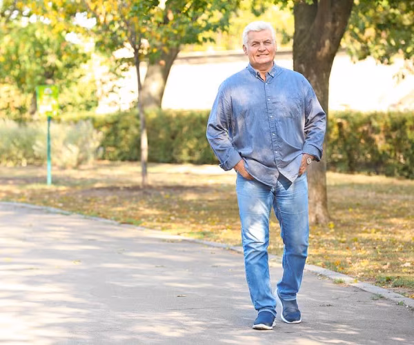 older man walking in a park