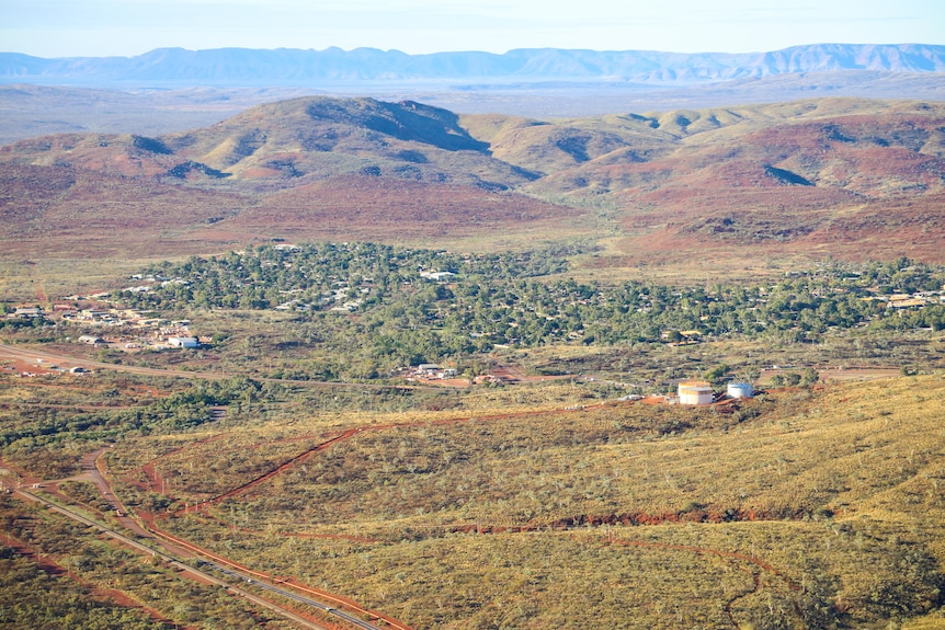 A small town pictured from a high vantage point.