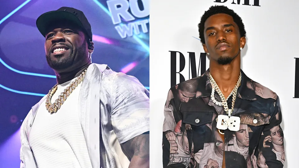 50 Cent wears a cap, white shirt, and gold chains. Christian Combs wears a patterned jacket and necklace.