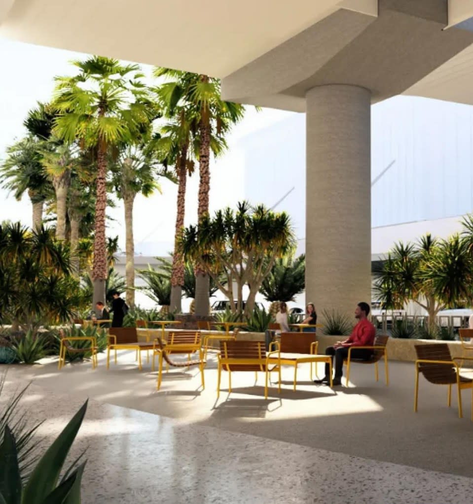An illustration of people sitting on benches in a modernized LAX curbside area. LAX