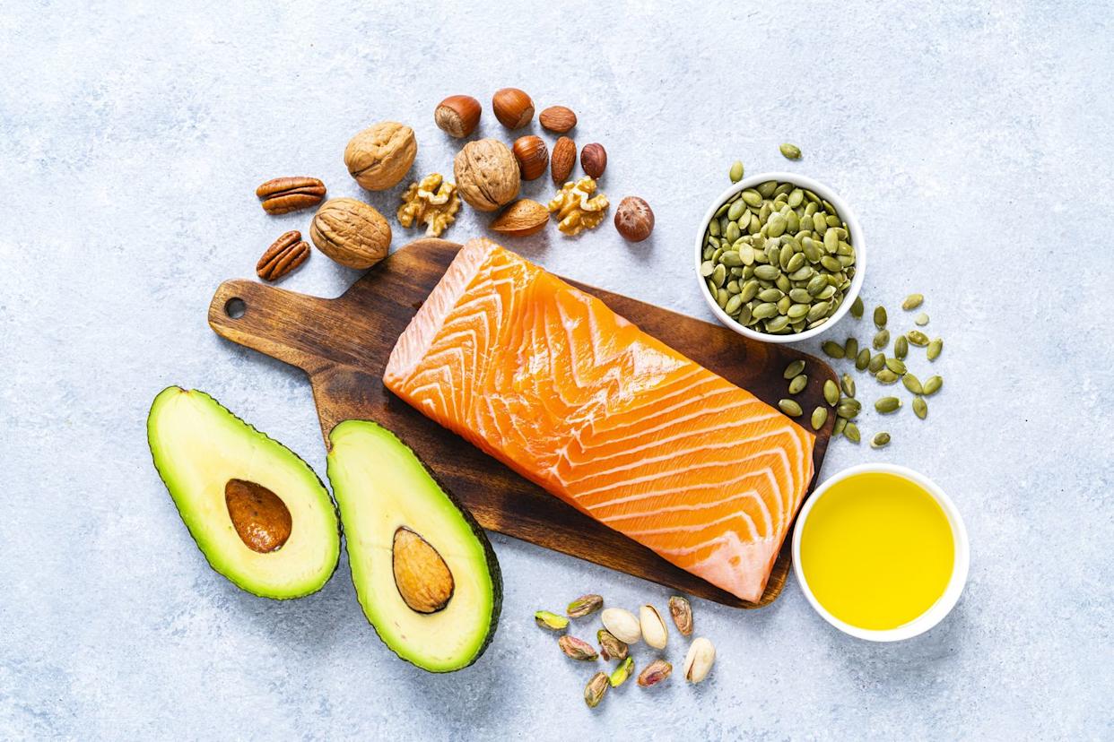 food with high content of healthy fats. overhead view.