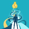 Successful businessman standing in front of multiple pathways, making a decision for the right move. A symbol of great investment and positive progress in the development of business. stock illustration