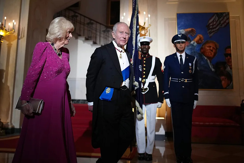 Andrew Harnik/Getty Images - PHOTO: King Charles III and Queen Camilla arrive for a state dinner at the White House, April 28, 2026 in Washington.