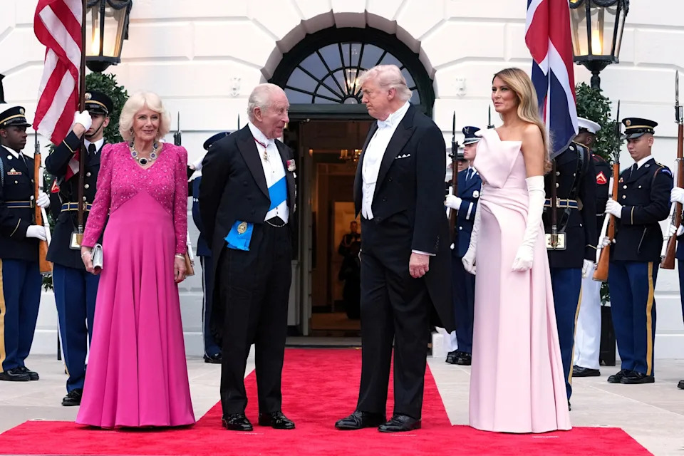 Ken Cedeno/Reuters - PHOTO: President Donald Trump and first lady Melania Trump welcomes Britain's King Charles and Queen Camilla at the South Portico as they arrive for a state dinner at the White House in Washington, D.C., April 28, 2026.