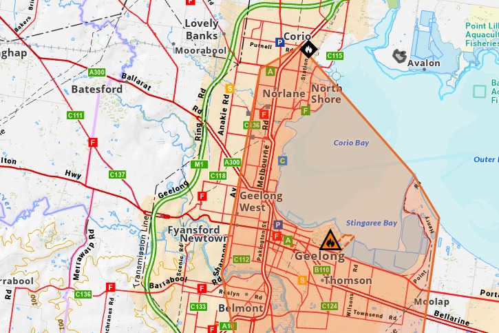 A screenshot of a map of Geelong with a large hazard area across the city.