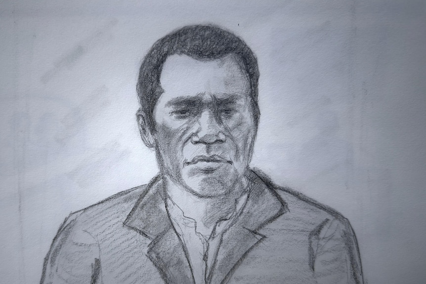 A greyscale court sketch of a man with short dark hair