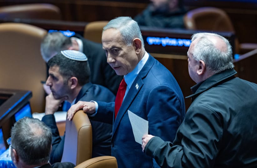 Prime Minister Benjamin Netanyahu attends a 40-signatures debate at the Knesset, in Jerusalem, February 23, 2026