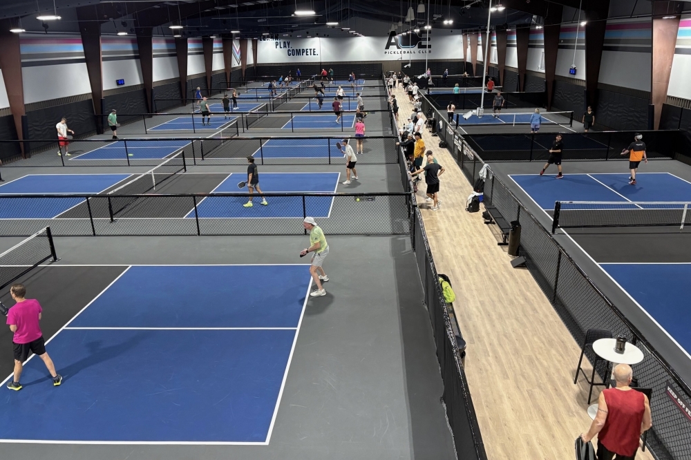 Ace Pickleball Club's 40,000-square-foot facility features 12 professional-grade cushioned courts as well as warm-up, stretching and practice areas. (Courtesy Ace Pickleball Club)