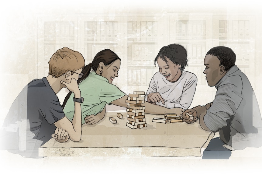 Art work of group of students sitting at a table playing jenga