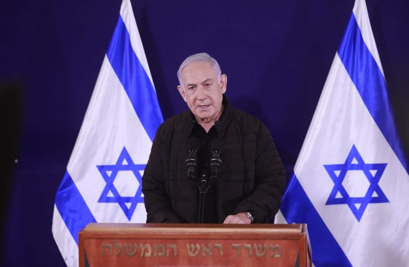 Prime Minister Benjamin Netanyahu speaking at a press conference in Tel Aviv on the current Israel-Hamas war November 11, 2023.