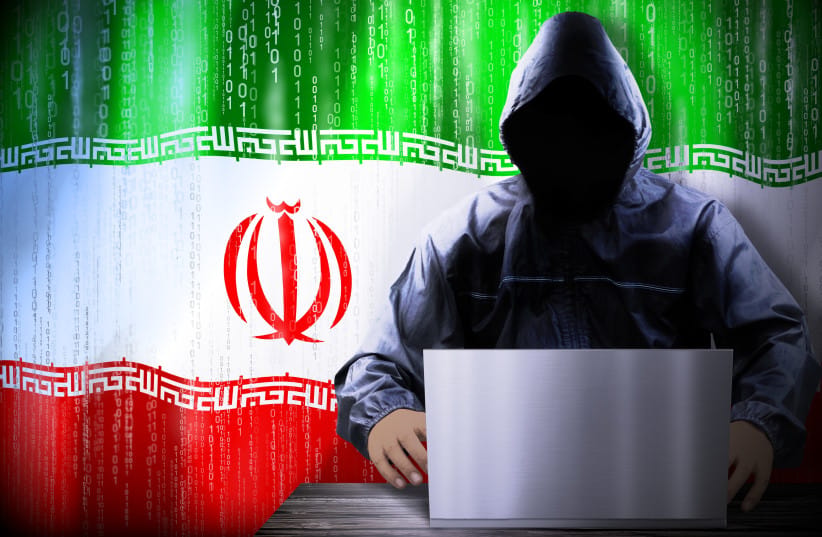 An illustration of a cyber hacker and the Iranian flag.