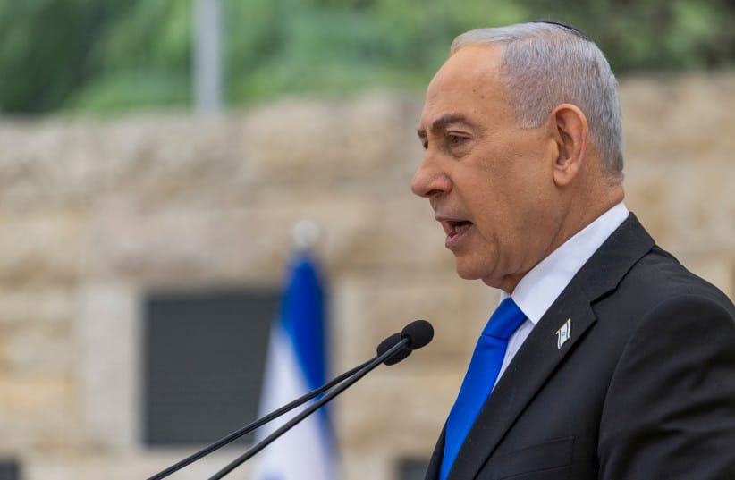 Israeli Prime Minister Benjamin Netanyahu attends a state memorial ceremony for victims of terror, at Mount Herzl military cemetery in Jerusalem, April 21, 2026,