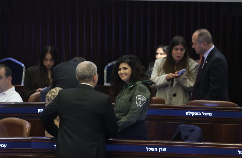 Deputy Foreign Minister and MK Sharren Haskel arrives at the Knesset plenum for a dissolution vote in Border Police uniform, May 20, 2026