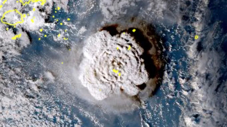 A satellite image of the eruption, which sent a plume of ash, steam and gas nearly 40 miles into the stratosphere. - Japan Meteorology Agency via AP
