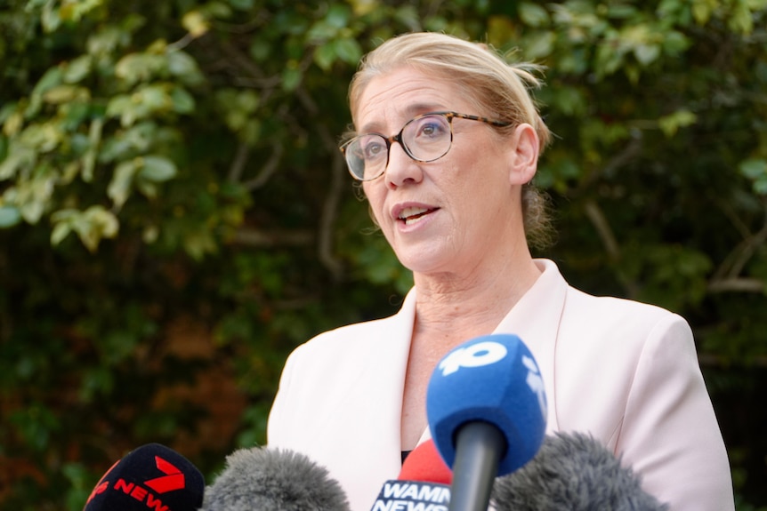 A female politician wearing glasses talks to media.