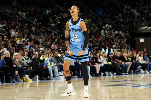 Sky guard Natasha Cloud (9) yells during the third quarter against the Wings in the home opener at Wintrust Arena May 20, 2026, in Chicago. (Armando L. Sanchez/Chicago Tribune)
