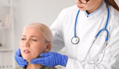 Doctor feeling woman's thyroid