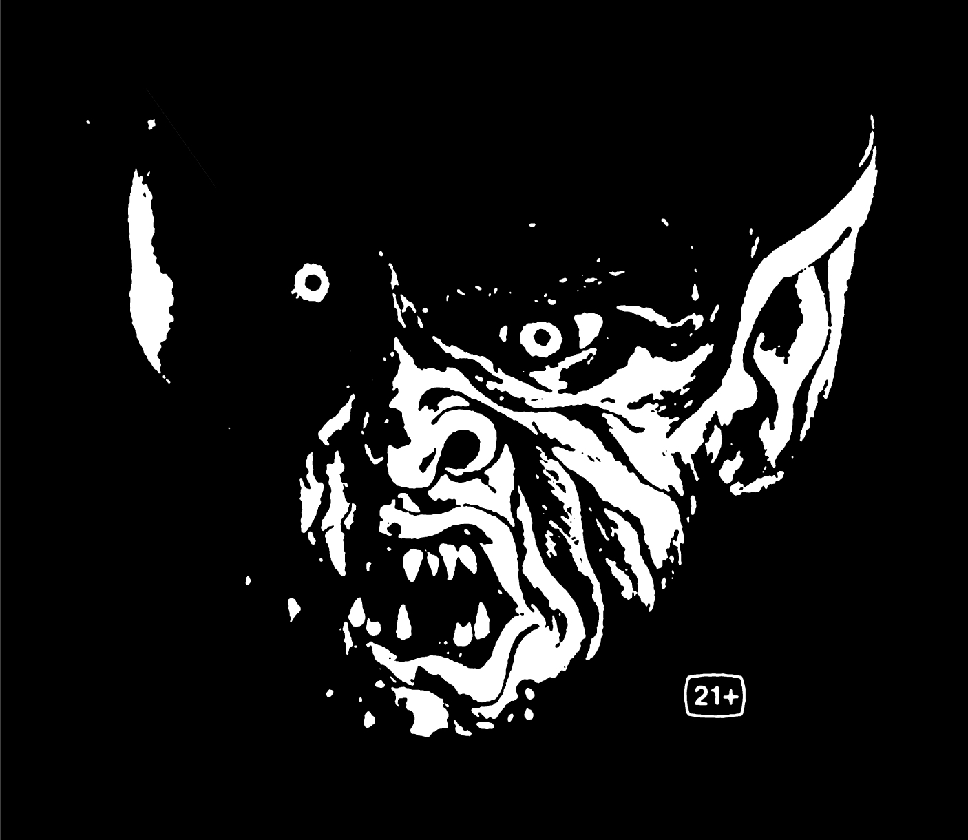 High-contrast black and white illustration of a monstrous face with sharp teeth, intense eyes, and pointed ears. A 21+ symbol appears in the bottom right corner, suggesting mature content.