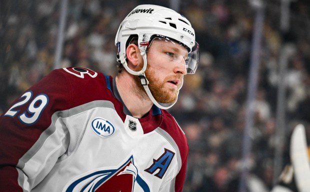Nathan MacKinnon (29) of the Colorado Avalanche takes a break from the action against the Vegas Golden Knights during the first period of Game 4 of the NHL Western Conference Final at T-Mobile Arena in Las Vegas, Nevada on Tuesday, May 26, 2026. (Photo by AAron Ontiveroz/The Denver Post)