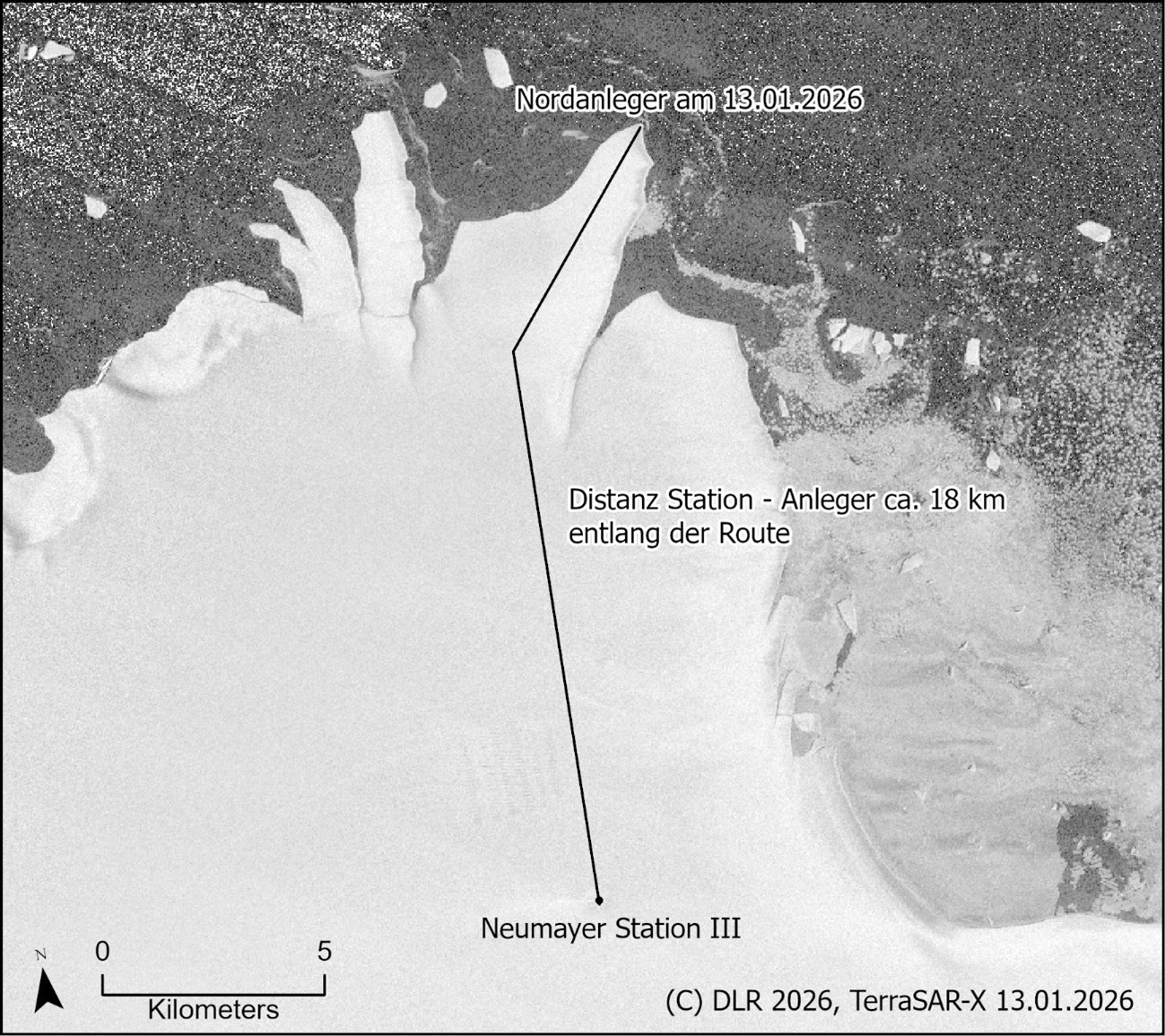 A map showing 18km in distance between a port and an Antarctic station.