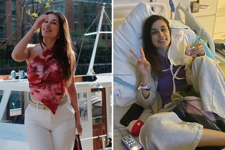 Aponte smiling while standing in front of a boat. Making a peace sign with her fingers in hospital.