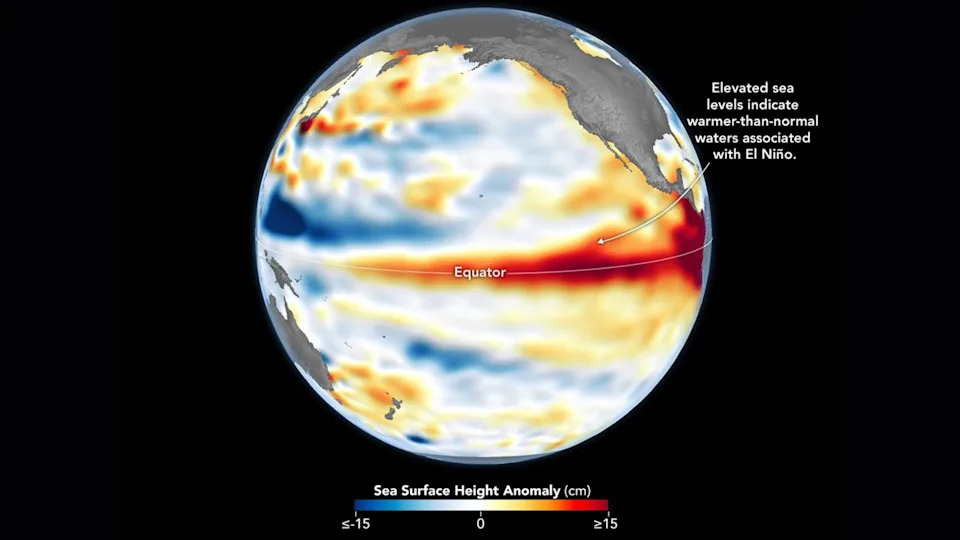 A heatmap of the Earth showing sea surface heights with red areas around the equator.