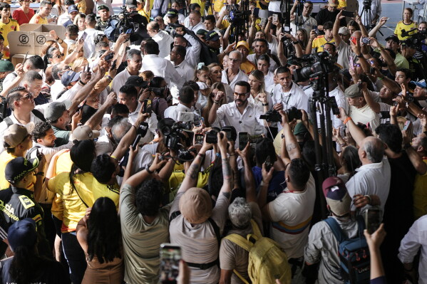Presidential candidate Abelardo de la Espriella of the Defenders of the Motherland movement speaks after voting in the presidential election in Barranquilla, Colombia, Sunday, May 31, 2026. (AP Photo/Ivan Valencia)