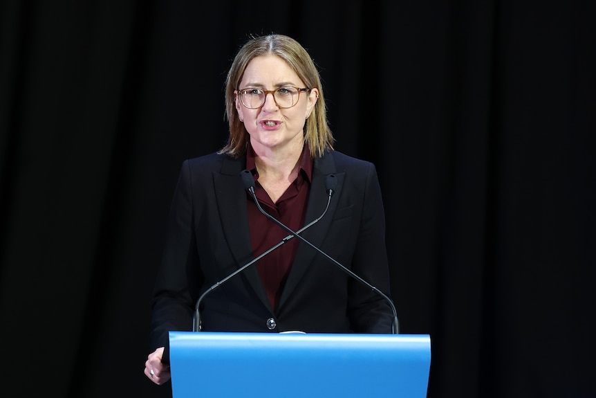 A woman with shoulder length light brown hair in a dark jacket and dark coloured shirt speaks into a microphone at a lecturn.