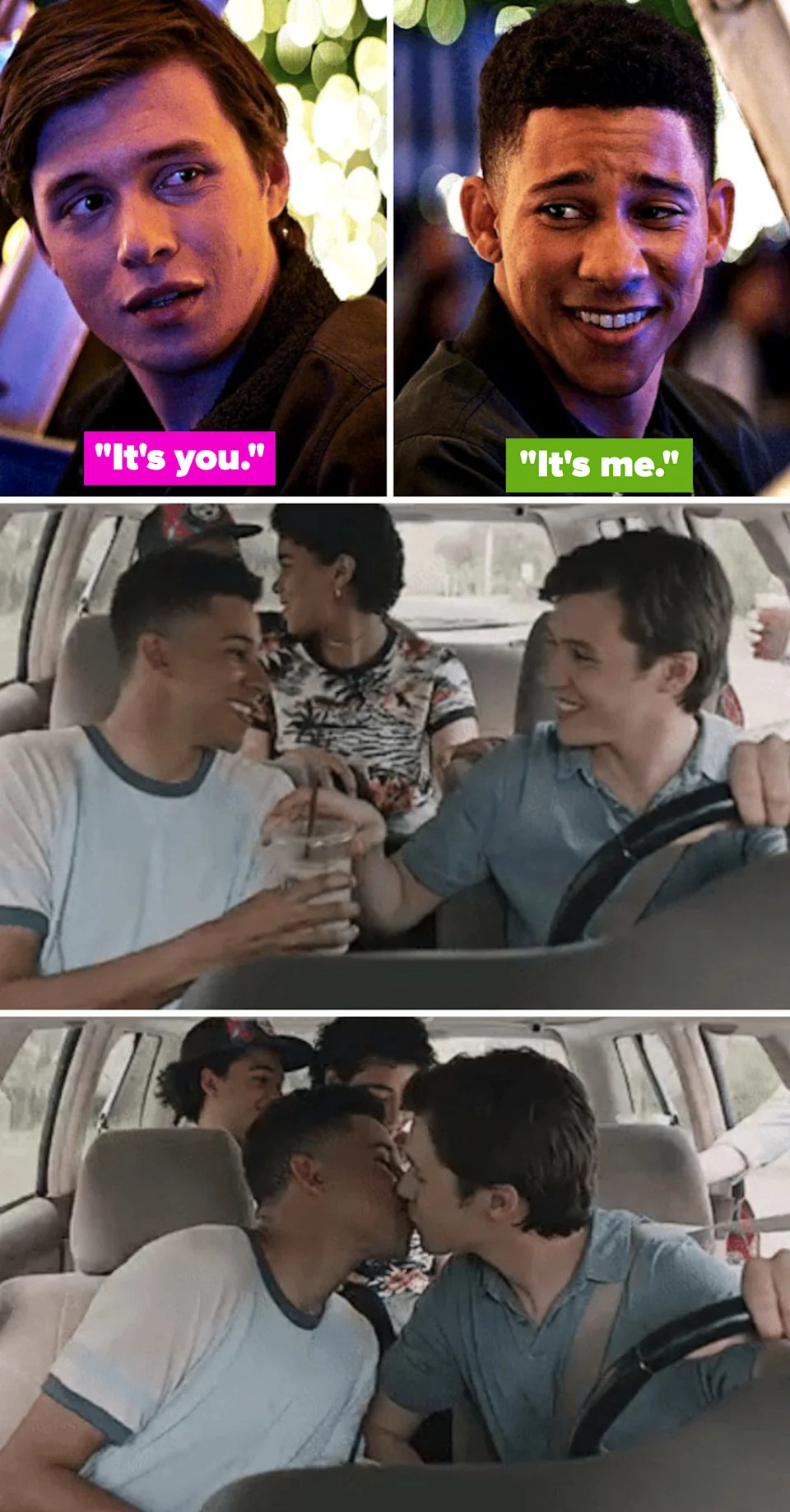 Simon and Bram kissing in Simon's car