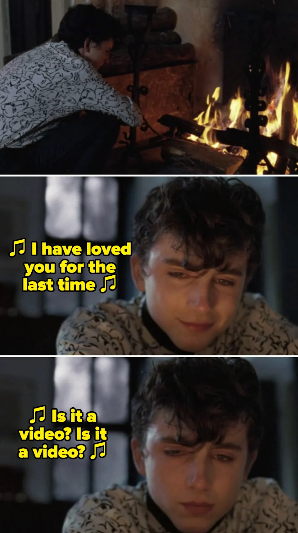 Elio crying in front of the fireplace