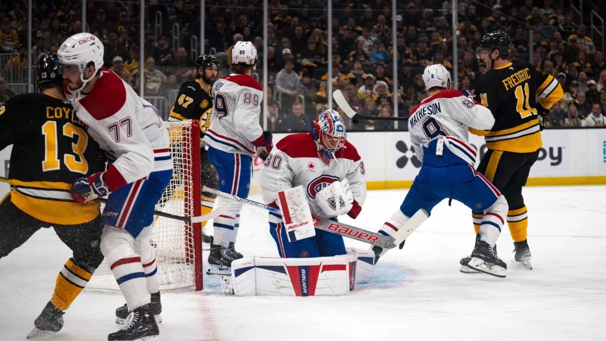Montreal Canadiens goaltender Cayden Primeau (30) makes a save against the Boston Bruins in the first period during a game at TD Garden.