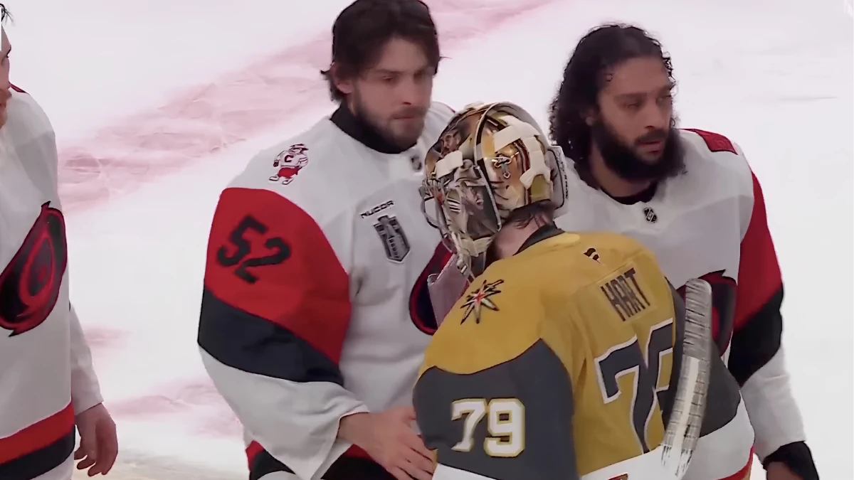 Carolina Hurricanes and Vegas Golden Knights players during the handshake line before the Stanley Cup presentation.