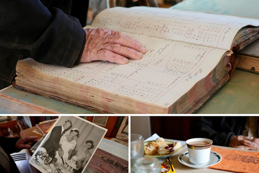 three images, one with a hand placed on a book, one with an old photograph of a couple cutting a cake and a cup of tea