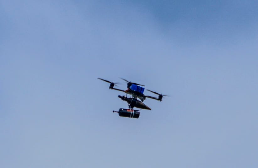 An explosive drone launched by Hezbollah is seen near the Israeli border with Lebanon during a Hezbollah attack in northern Israel, May 19, 2026.