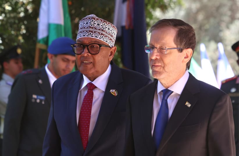 Somaliland President Abdirahman Mohamed Abdullahi and President Isaac Herzog during Abdullahi's first official state visit to Israel, June 14, 2026.
