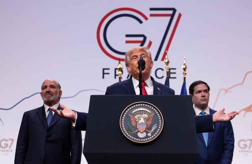 US PRESIDENT Donald Trump, flanked by Secretary of State Marco Rubio and Commerce Secretary Howard Lutnick speaks during a press conference, during the G7 Summit in Evian-les-Bains, France, June 17, 2026.