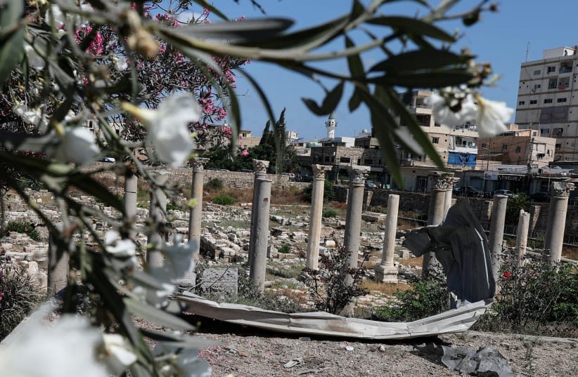 A piece of metal lies at of Al‑Bass Roman ruins, a UNESCO World Heritage site hit by an Israeli airstrike in Tyre, southern Lebanon, June 25, 2026.