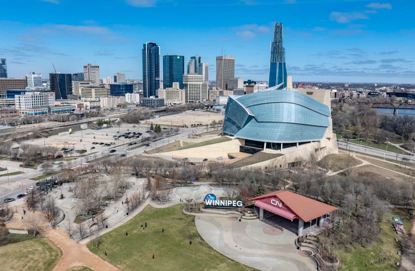 Aerial view of the Canadian Museum for Human Rights, in Winnipeg, Manitoba, Canada, on April 28, 2024.
