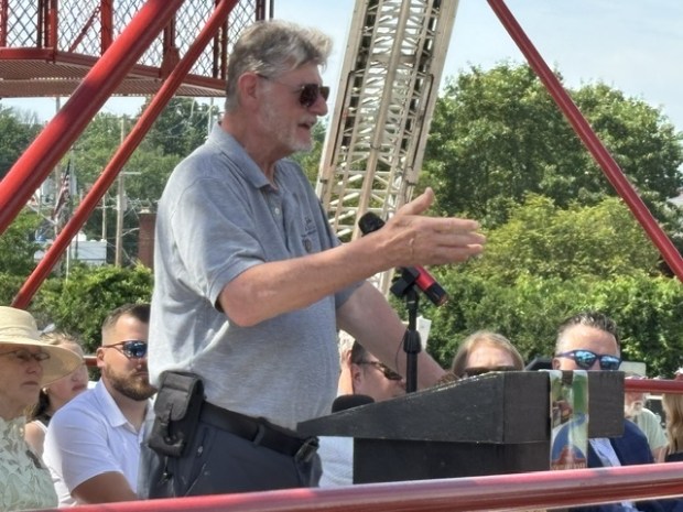 Engineer Thomas Zeigler, who was instrumental in the construction of the Phoenix Wheel, speaks to the crowd at the ribbon-cutting ceremony. (Photo by Barry Taglieber - For MediaNews Group)