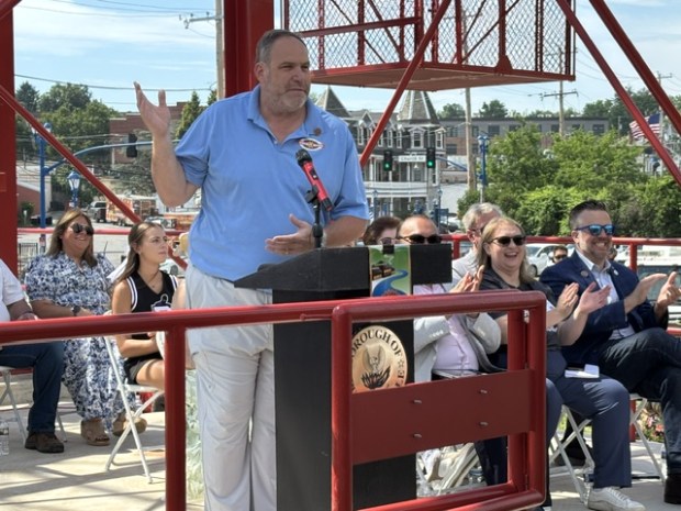 Gern Jaeger of Specialty Metals Weding and Fabrication Inc in Phoenixville talks about how the Phoenix Wheel was restored. (Photo by Barry Taglieber - For MediaNews Group)