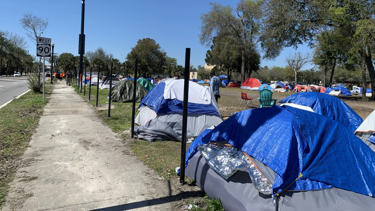 Homless tents lined up in a lot.
