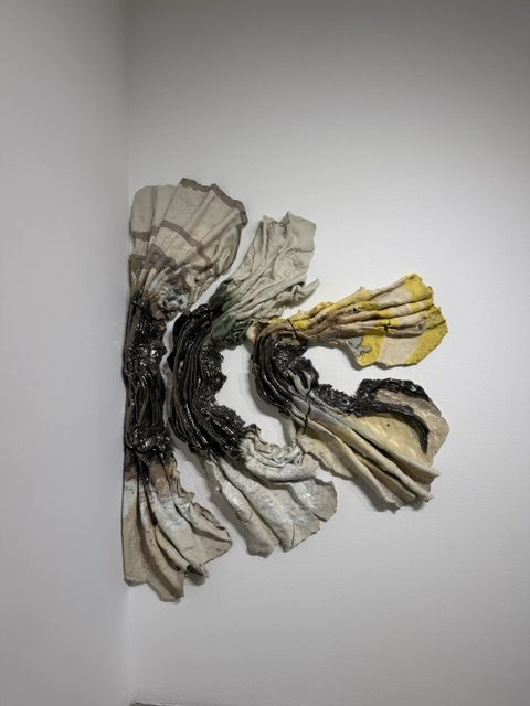 Organic wall-mounted sculpture combining layered materials, textiles, and metal elements at LAMAG.